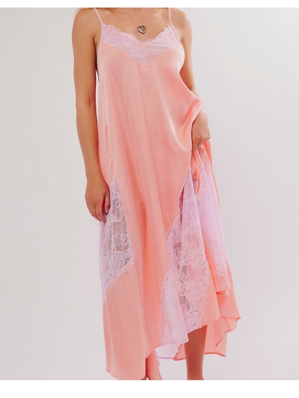 Free People Peach Pink Lace-Trim Slip Dress